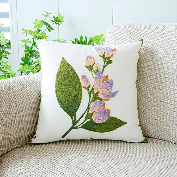 vctops Farmhouse Hibiscus Flowers Cotton Tufted Throw Pillow Cover Spring Floral Embroidery Pillowcase Soft Square Cushion Case for Sofa Couch Bed Chair (Pink Purple,18"x18")