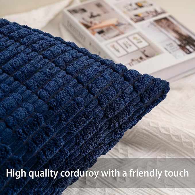 Pack of 2 Corduroy Decorative Throw Pillow Covers 22x22 Inch Soft Striped Pillow Covers Modern Farmhouse Home Decor for Sofa Living Room Couch Bed（Blue）