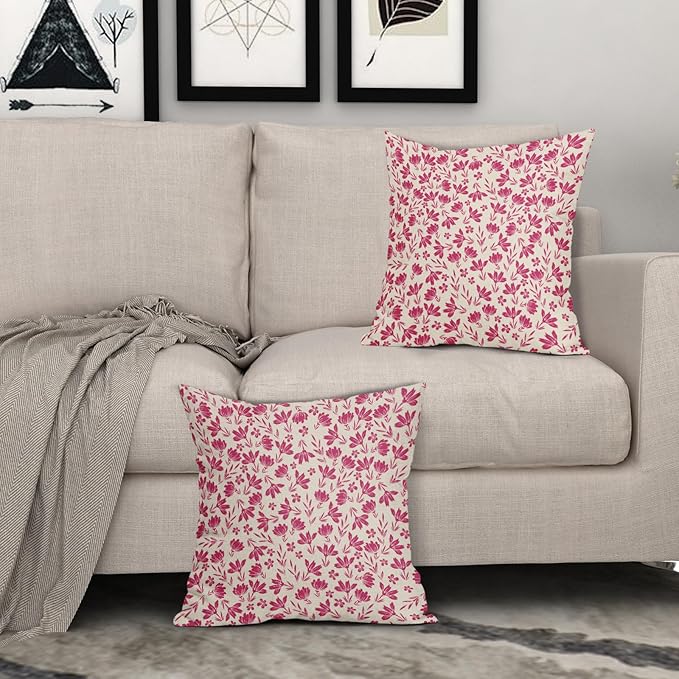 Hot Pink Floral Pillow Covers 18x18 Set of 2 Vintage Rustic Old Style Cute Small Flower Pink Cream Print Decorative Outdoor Pillowcases Farmhouse Throw Cushion Case Decor for Couch Sofa Bed