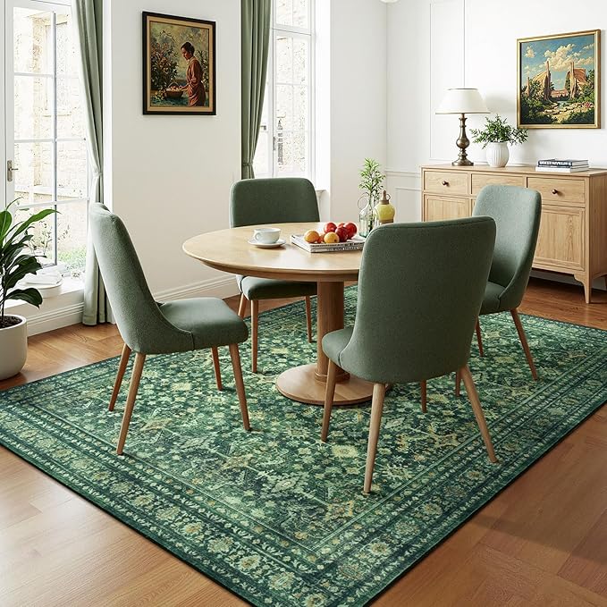 Lessymo 5x8 Washable Area Rug with Non Slip Backing,Soft Boho Indoor Carpets for Living Room Bedroom Nursery, Kid and Pet Friendly, Green