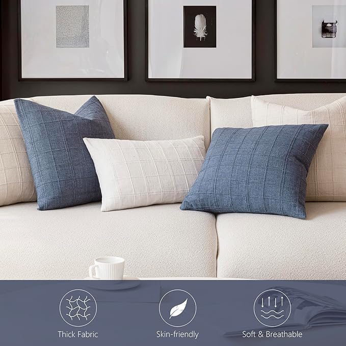 Foindtower Set of 2 Decorative Linen Check Throw Pillow Covers Neutral Farmhouse Vintage Cushion Covers Modern Coastal Boho Home Decor for Sofa Chair Couch Bedroom Living Room,18×18 Inch,Blue