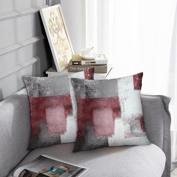 Emvency Set of 2 Burgundy Red Painting Throw Pillow Covers Contemporary Line Abstract Modern Design Retro Decorative Pillow Case Home Decor Standard Square 18x18 Inch Cushion Pillowcase
