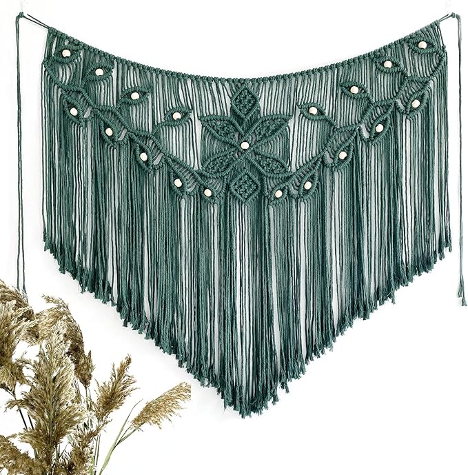 Youngeast Home Decor Leaf Shape Macrame Wall Hanging Woven Tapestry Bedroom Curtain Fringe Garland Banner Living Room Wall Decor Dark Green 39X31 inches