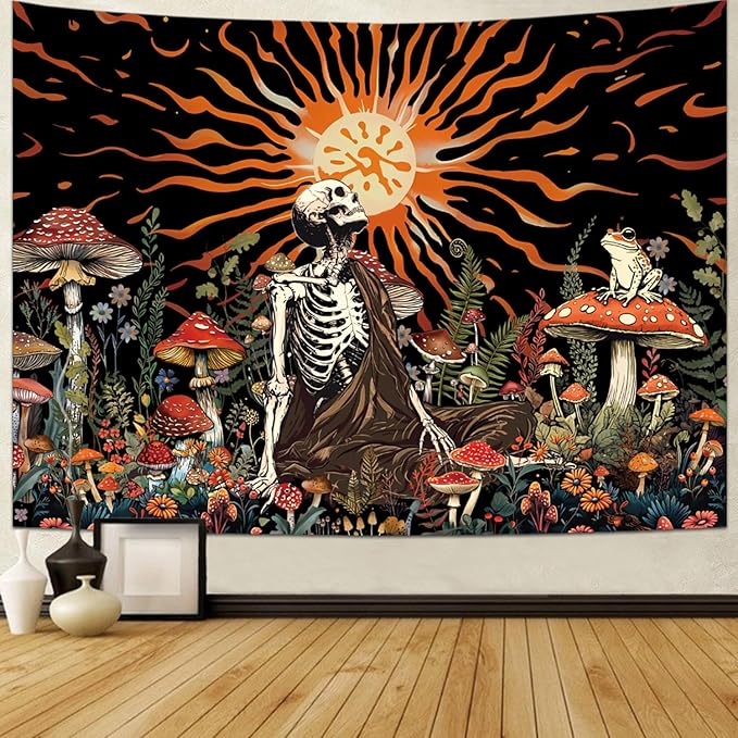 Amonercvita Skull Tapestry Vintage Mushroom Tapestries Aesthetic Sun Tapestry Floral Skeleton Wall Hanging Tapestries Jungle Plants Wall Decor for Bedroom