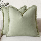 Foindtower Set of 2 Decorative Linen Fringe Throw Pillow Covers Boho Farmhouse Cushion Cover with Tassels Soft Accent Pillowcase for Couch Sofa Bed Living Room Home Decor,22×22 Inch,Light Sage Green