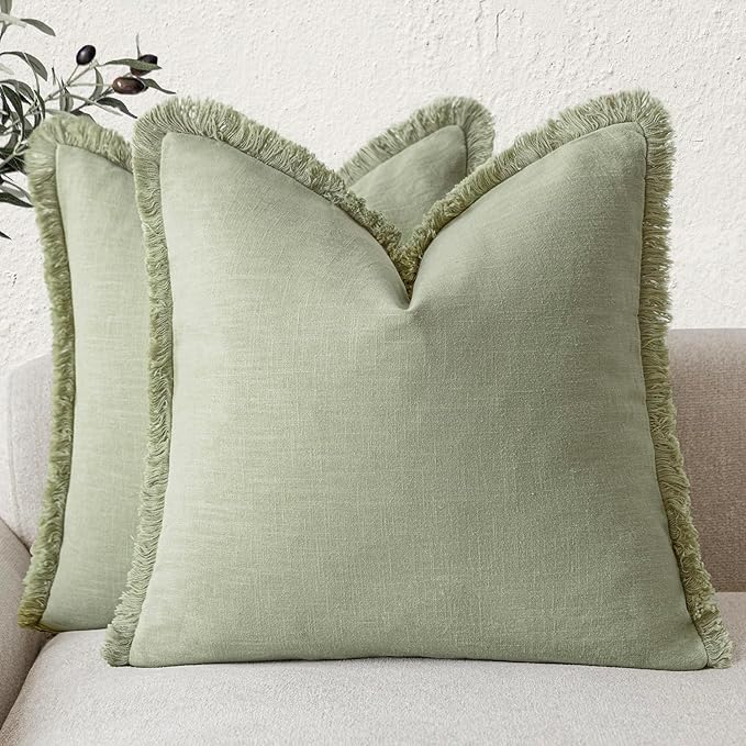 Foindtower Set of 2 Decorative Linen Fringe Throw Pillow Covers Boho Farmhouse Cushion Cover with Tassels Soft Accent Pillowcase for Couch Sofa Bed Living Room Home Decor,16×16 Inch,Light Sage Green