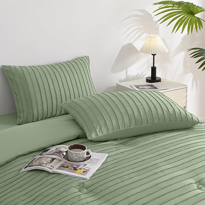 JELLYMONI Pillowcases King Size Light Green 2 Pack Boho Striped Bed Pillow Covers 20x36in Polyester Envelope Pillow Shams Tufted Bohemian Textured (Pillows are not Included)
