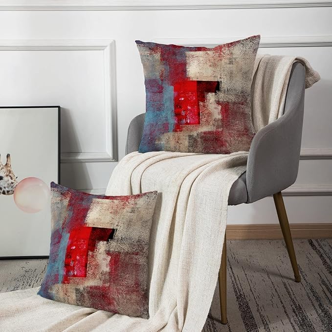 Emvency Set of 2 Red Brown and Gray Throw Pillow Covers Modern Abstract Painting Decorative Pillow Cases Home Decor Standard Square 16x16 Inches Pillowcases