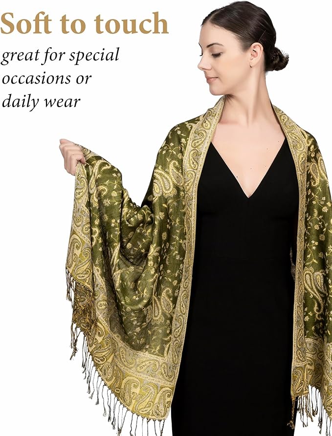 Achillea Reversible Paisley Pashmina Rave Scarf – Exotic Indian Shawls and Wraps for Evening Dresses, Festivals, All Seasons