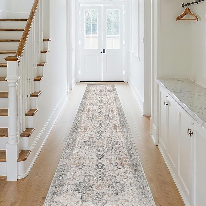 GENIMO 2'6''x18 Runner Rugs for Hallway, Machine Washable Non Slip Vintage Rugs, Low Pile Soft Chenille Print Rug for enrtyway, Corridor, Home Office,Light Taupe Brown