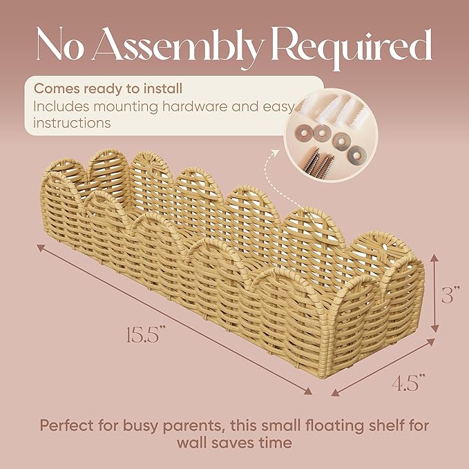 Rattan Nursery Book Shelves, Scalloped Bookshelf, Wicker Wall Decor, Baby Book Shelf, Floating Woven Bookshelves, Boho Decor for Baby and Kids Playroom, Natural Rustic Farmhouse Basket Set of 2