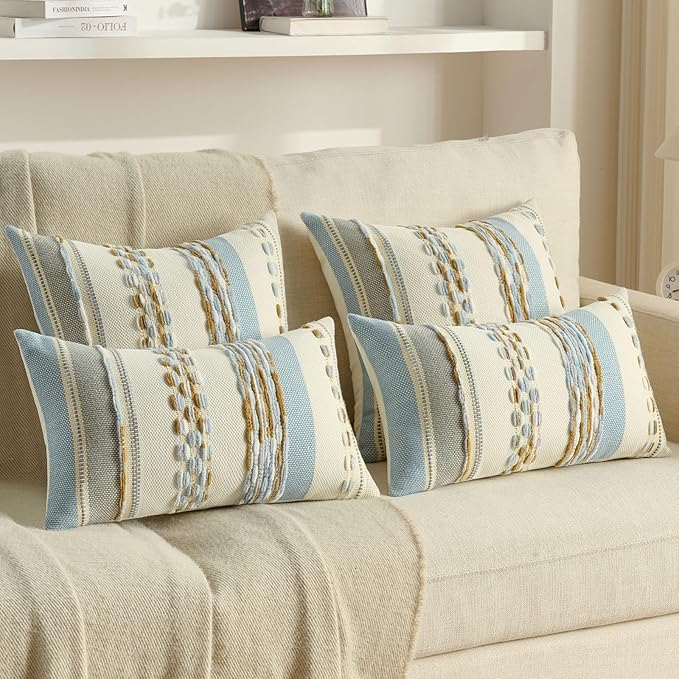 FUTEI Blue Brown Decorative Throw Pillow Covers 18x18 Inch Set of 2, Soft Tufted Striped Textured Accent Cushion Case,Boho Pillows for Couch Decor