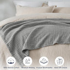 PHF 100% Cotton Muslin Blanket Twin XL Size 66"x90", 4-Layer Lightweight Gauze Throw, Breathable Cloud-Soft Minimalist Blanket for Bed, Couch, Camping & Baby, Grey, Ideal Gift