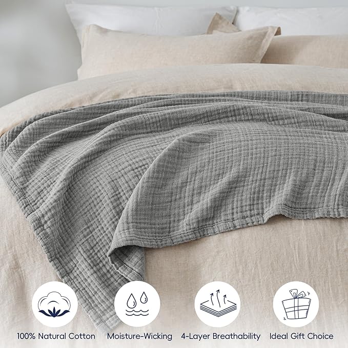 PHF 100% Cotton Muslin Blanket Twin XL Size 66"x90", 4-Layer Lightweight Gauze Throw, Breathable Cloud-Soft Minimalist Blanket for Bed, Couch, Camping & Baby, Grey, Ideal Gift