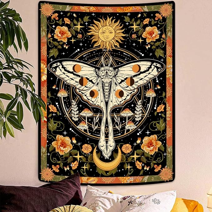 Aipon Orange Moth Tapestry Boho Retro Floral Flowers Tapestries Aesthetic Vintage Mushroom Tapestries for Bedroom Indie Small Tapestry Wall Hanging for Living Room Dorm (30'' × 40'', Orange)