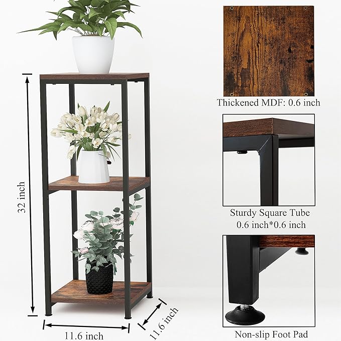 CASIMR Plant Stand for Indoor, Tall Metal Shelf with Square Wooden Board, 3 Tier Display Rack for Multiple Plants, 32 Inch Tiered Flower Pot Holder for Corner Living Room Balcony Garden Patio,