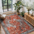 Moynesa Leopard Washable Rugs, 8x10 Area Rugs for Living Room, Soft Large Vintage 8x10 Bedroom Rug, Botanical Non Slip Ultra Thin Floor Carpet for Dining Room Home Office, Rust