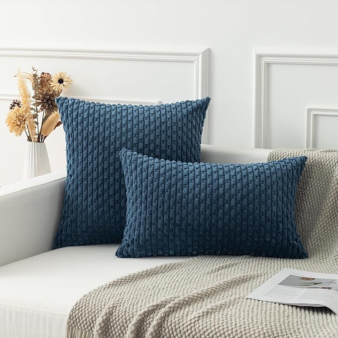 Kevin Textile 14x24 Inch Pillow Cover 1 Pack Boho Decorative Soft Striped Corduroy Lumbar Farmhouse Solid Color Accent Rectangle Cushion Case for Living Room Couch Sofa Bed, Blue