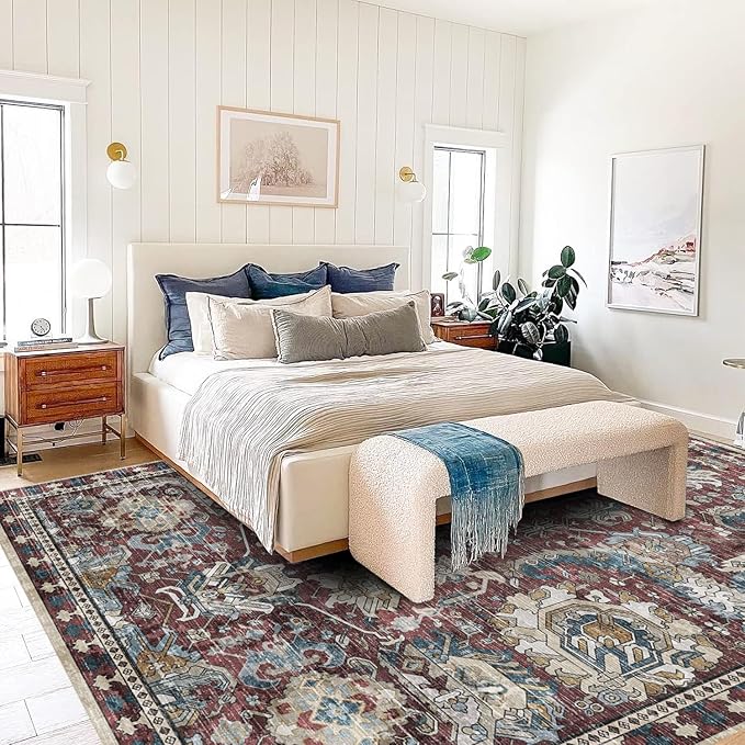 RUGSURE Washable Area Rugs - Perfect for Living Room, Bedroom, Kids Room, Nursery - Stain & Water Resistant Non-Slip, Pet & Child Friendly, Vintage Tribal Area Rugs (Rust and Blue, 8' x 10')