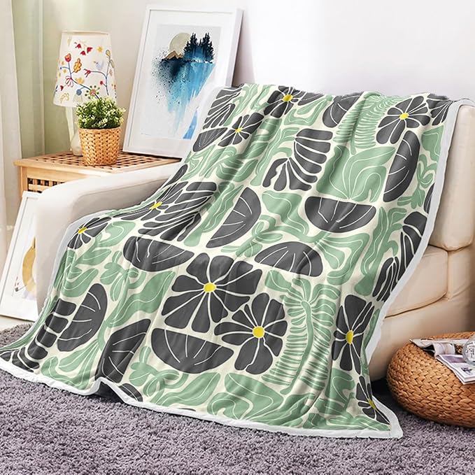 Boho Abstract Colorful Floral Throw Blanket, Vintage Retro Patchwork Green Flower Botanical Geometric Aesthetic Groovy Flannel Throw Blanket for Chair Bed Sofa Couch, 50X60IN