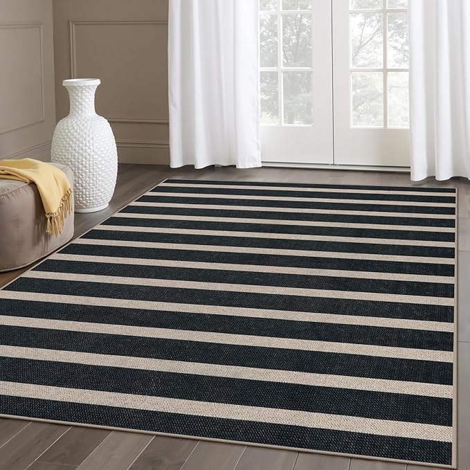 Lahome Elance Striped Easy Jute 5x7 Outdoor Rug, Washable Rugs for Patio Living Room, Farmhouse Neutral Non Slip Non Shedding Black Carpet for Deck Entryway Dining Room Office Porch