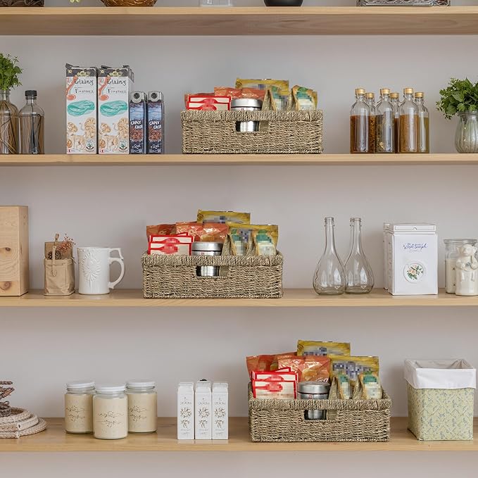 StorageWorks Pantry Baskets, Wicker Storage Baskets for Organizing, Bathroom Shelves, Pantry Organizers and Storage, Seagrass, 15½"L x 11¾"W x 4 ¾"H
