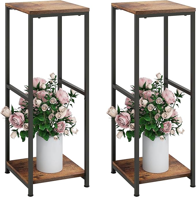 32 inch Tall Metal Wood Plant Stand, Tier Potted Plant Shelf for Indoor, Flower Pot Holder for Corner Living Room Patio Balcony Garden, Kitchen and Bathroom Display Rack, Brown