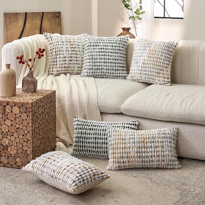 Aeckself Boho Chenille Tufted Pillow Cover 18 x 18 Inch, Decorative Square Throw Pillow Cover Neutral Pillowcase for Couch Bedroom Living Room, Yellow White