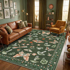 Mushroom 9x12 Area Rugs for Living Room Low-Pile Whimsical Cottage Core Insect Bug Butterfly Funky Dark Gothic Decor for Bedroom Nursery Dining Room Olive Green