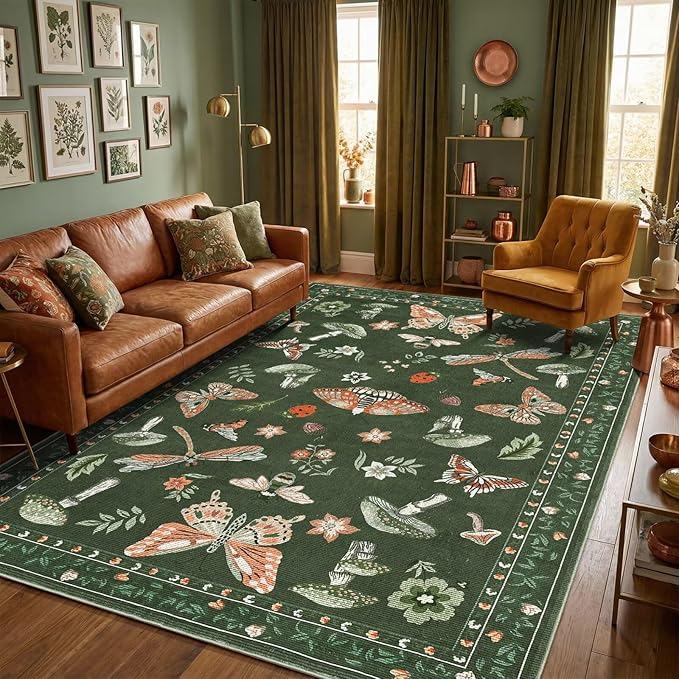 Mushroom 9x12 Area Rugs for Living Room Low-Pile Whimsical Cottage Core Insect Bug Butterfly Funky Dark Gothic Decor for Bedroom Nursery Dining Room Olive Green