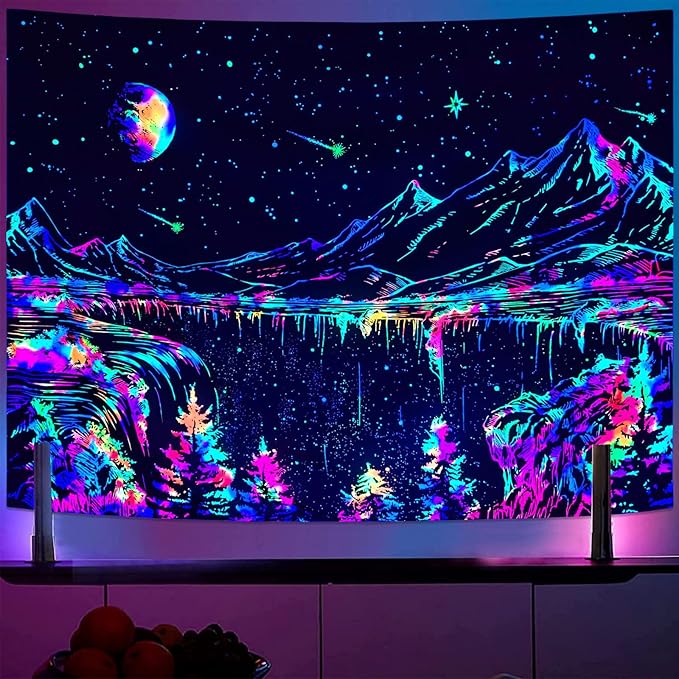 Zussun Blacklight Mountain Tapestry Starry Night Tapestries for Bedroom Aesthetic Moon and Stars Tapastry Wall Hanging Glow in The Dark Nature Forest Wall Tapestry for Living Room Dorm (80'' × 60'')