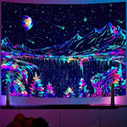 Zussun Blacklight Mountain Tapestry Starry Night Tapestries for Bedroom Aesthetic Moon and Stars Tapastry Wall Hanging Glow in The Dark Nature Forest Wall Tapestry for Living Room Dorm (80'' × 60'')