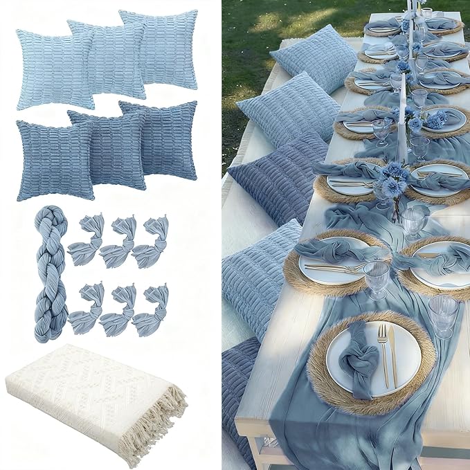 91 x 71 Extra Large Outdoor Boho Picnic Blanket with Gray Blue Table Runner, 6 Throw Pillow Covers 6 Napkins Woven Cotton Yarn Oversize Beach Blanket Washable Picnic Camp Wedding