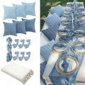 91 x 71 Extra Large Outdoor Boho Picnic Blanket with Gray Blue Table Runner, 6 Throw Pillow Covers 6 Napkins Woven Cotton Yarn Oversize Beach Blanket Washable Picnic Camp Wedding