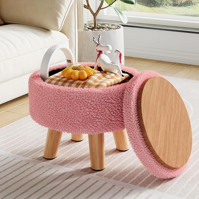 Pink Storage Ottoman Foot Rest, Small Sherpa Ottoman with Storage, Cute Round Foot Stool, Modern Pouf Ottomans Coffee Table, Boucle Teddy Footstools for Couch, Living room, Nursery, Dorm, Enterway