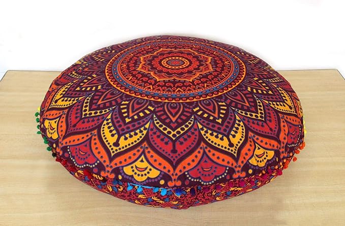 INDIAN CRAFT CASTLE New Orange Ombre 24" Mandala Barmeri Large Floor Pillow Cover Cushion Meditation Seating Ottoman Throw Cover Hippie Decorative Zipped Bohemian Pouf Ottoman Pom Pom Cases 24" Round