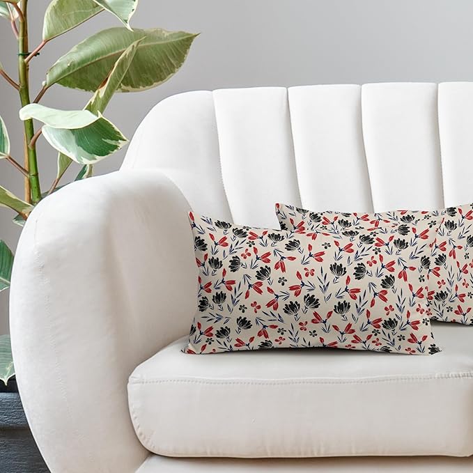 4th of July Floral Pillow Covers 12x20 Set of 2 Rustic Old Style Navy Blue Red Black Flower Print Rectangle Decorative Outdoor Pillowcases Patriotic Throw Cushion Case Decor for Couch Sofa Bed