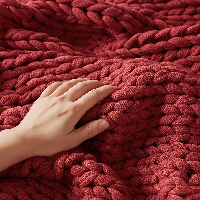 Madison Park Boho Throw Blanket, Soft Blanket Handmade Gift Home Decor, Lightweight & Breathable All Seasons Spring Chunky Knit Blanket, Knitted Throw for Couch, Bed Blanket, 50"x60" Red