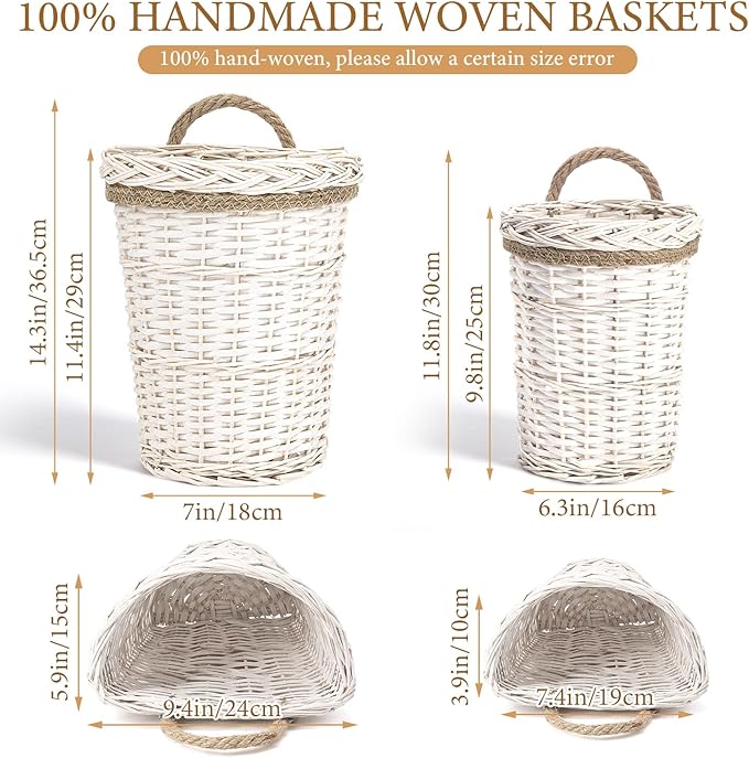 AceList Set of 2 Handmade Wall Hanging Baskets - Woven Wicker Wall Baskets Perfect for Boho Rustic Farmhouse Wall Decor(White)