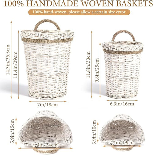AceList Set of 2 Handmade Wall Hanging Baskets - Woven Wicker Wall Baskets Perfect for Boho Rustic Farmhouse Wall Decor(White)