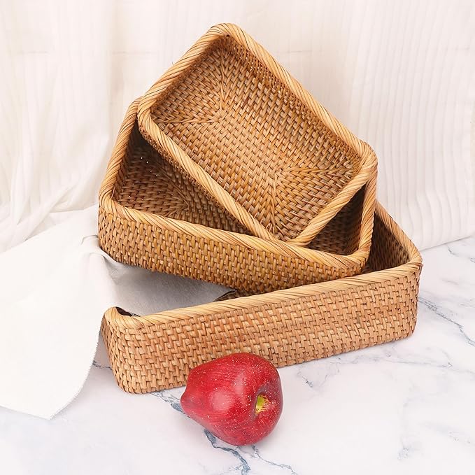Set of 3 Rectangular Rattan Storage Baskets - 3 Size Expertly Hand Woven Rattan Fruit Baskets, Rectangular Woven Wicker Baskets, Wicker Organizer Baskets for Kitchen, Living Room, Office