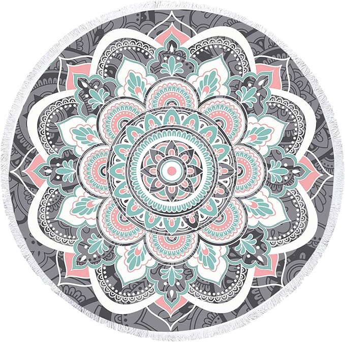 Mandala Round Boho Beach Towel Blanket, Oversized Microfiber Hippie Bohemian Absorbent Fast DRY Sand Free Circle Swim Pool Yoga Towel Table Cloth, Soft 59 inch Mediation Mat Wall Decor with Tassels