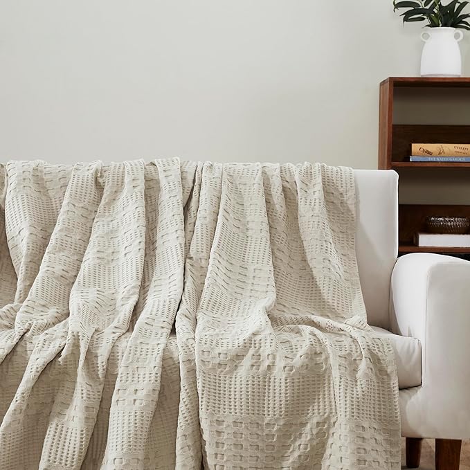 VHC Brands 100% Cotton Waffle Weave Queen Blanket 90"x90", Decorative Lightweight Spring and Summer Throw Blanket, Bedroom Decor for Bed, Couch, or Sofa, Natural