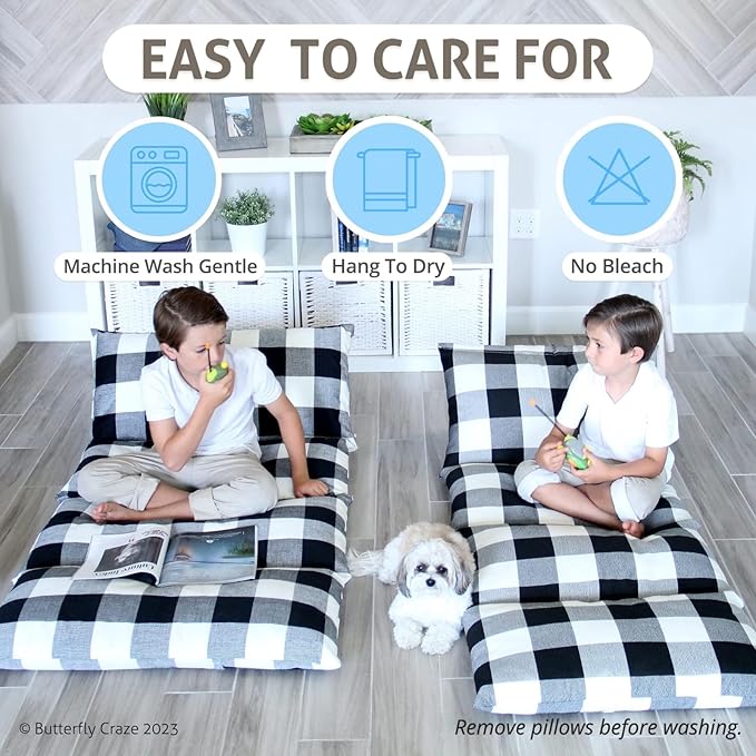 Butterfly Craze Floor Pillow Case - Transforms into Floor Bed & Sleep Mat - Ground Seating & Studio Apartment Essentials - Portable Guest Bed & Folding Mattress Alternative - King, Black/White
