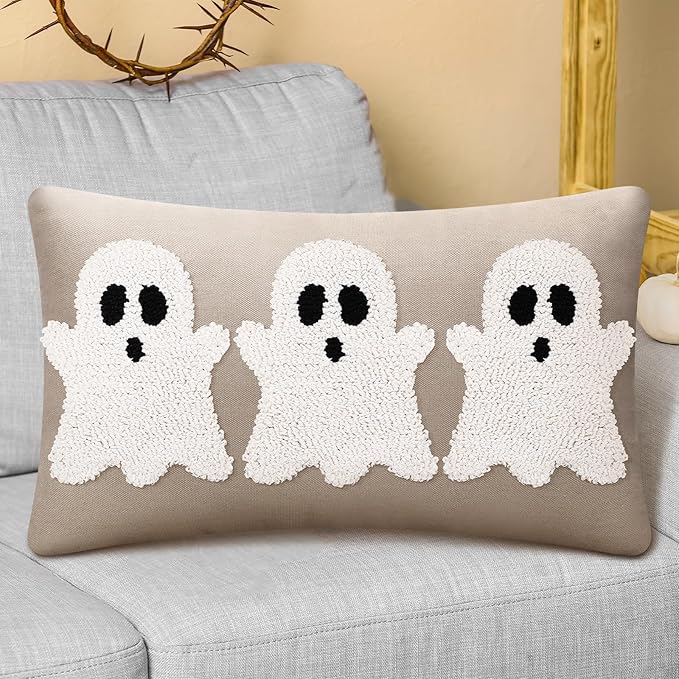 Mixweer Halloween Ghost Embroidery Decorative Pillow Covers 12 x 20 Inch, 3D Neutral Tufted Embroidery Spooky Ghost Cushion Pillow Case for Couch Home Living Room Bed Decor