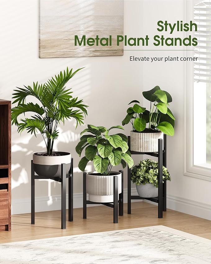 3 Pack Plant Stand Indoor Adjustable, Metal Modern Indoor Plant Stand, Heavy Duty Single Plant Stands Outdoor Corner, Stable Plant Holder Indoor Stand, Fits 8 to 12 Inches Pots, Black
