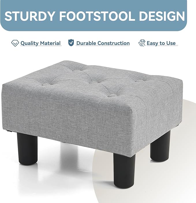 Poofzy Small Foot Stool Ottoman, Linen Ottoman Foot Rest with Legs, Rectangle Foot Rest for Couch, Footstools and Ottomans Small for Living Room and Entryway (Light Gray)