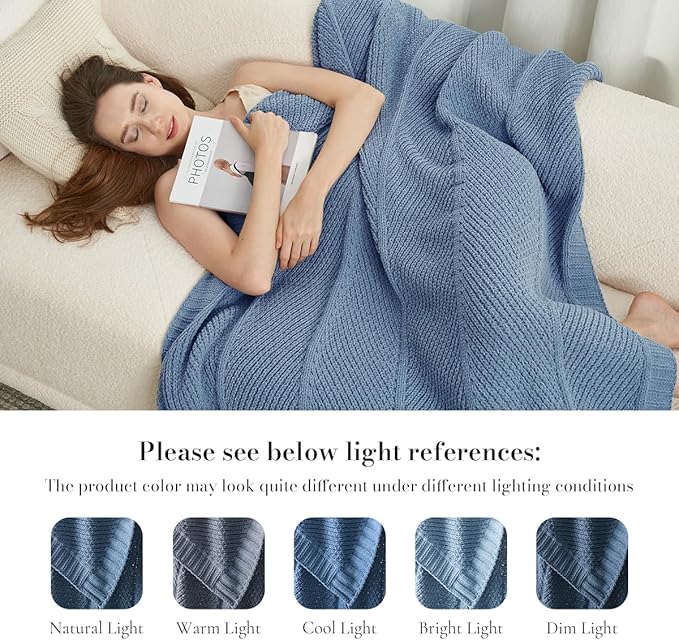 Amélie Home Chevron Chenille Knit Throw Blanket for Couch Bed, Classic Texture Decorative Soft Blanket for Sofa, Chair & Bedroom, 50"x60", Blue