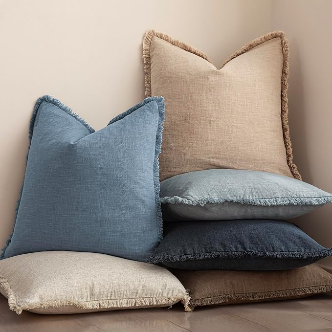 Foindtower Set of 2 Decorative Linen Fringe Throw Pillow Covers Cozy Boho Farmhouse Cushion Cover with Tassels Soft Accent Pillowcase for Couch Sofa Bed Living Room Home Decor, 22×22 Inch, Misty Blue