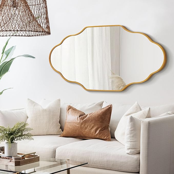 Scalloped Mirror for Bathroom - 20"x36" Gold Bathroom Mirror with Aviation Aluminum Alloy Frame & Shatter-Proof Glass for Living Room Bedroom Entryway, Brushed Gold Frame(x1)